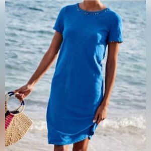 Boden Charlie Slub Cotton Jersey T-shirt Dress Pom Pom Trim blue size 2R